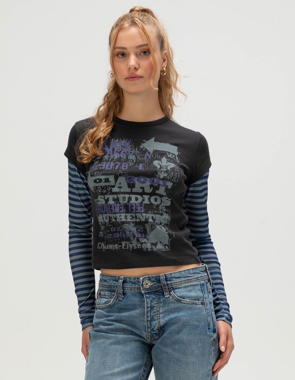 BDG Urban Outfitters Art Studio Womens Long Sleeve 2fer Tee - BLACK COMBO