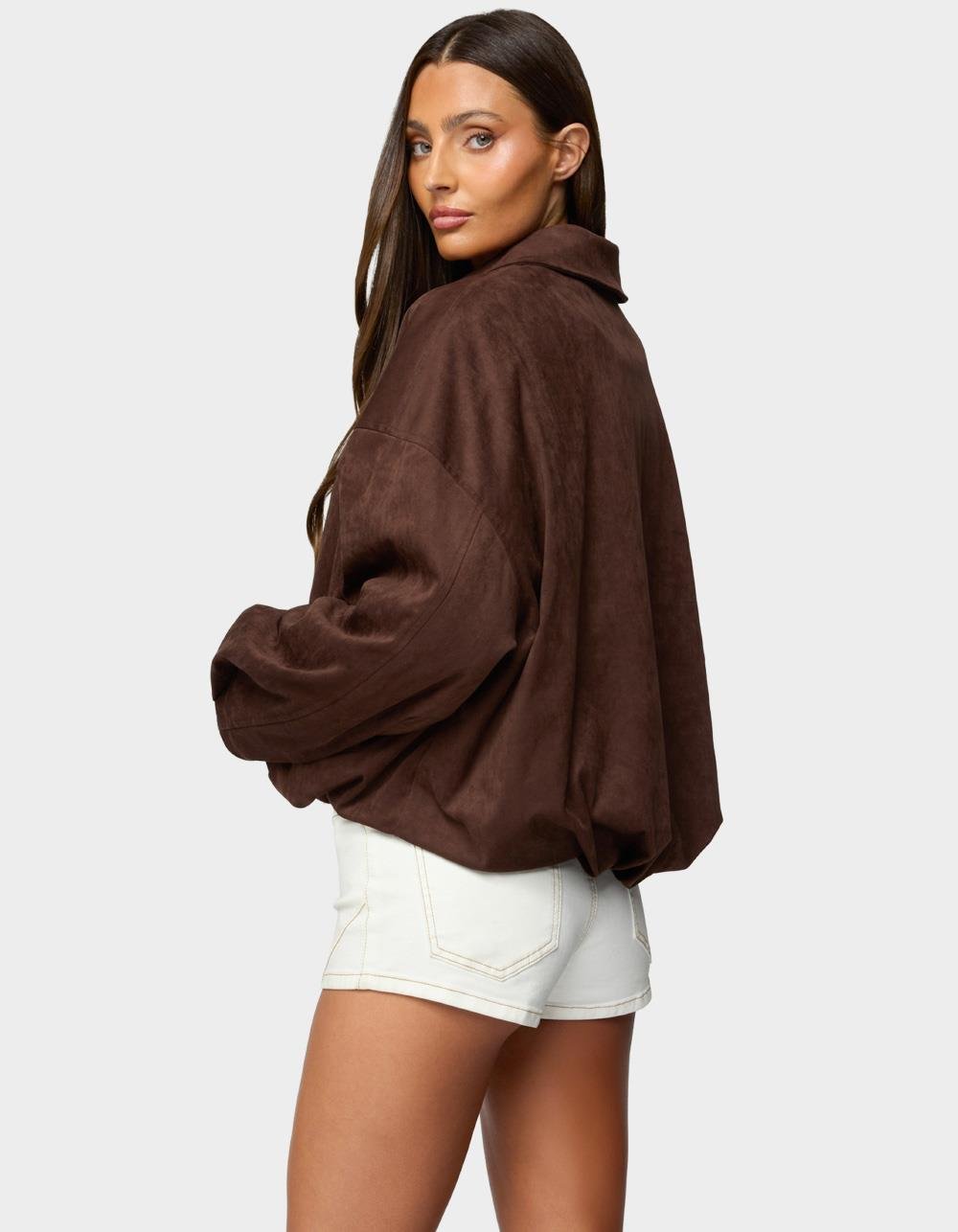 EDIKTED Alberta Faux Suede Bubble Jacket - DARK BROWN