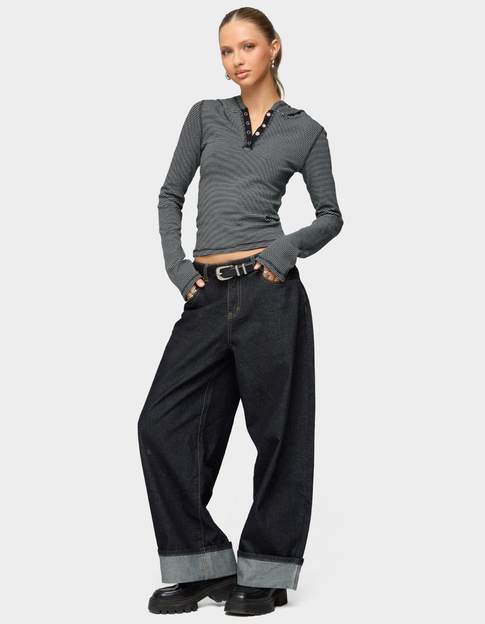 EDIKTED Damson Striped Hooded Henley Top - BLACK