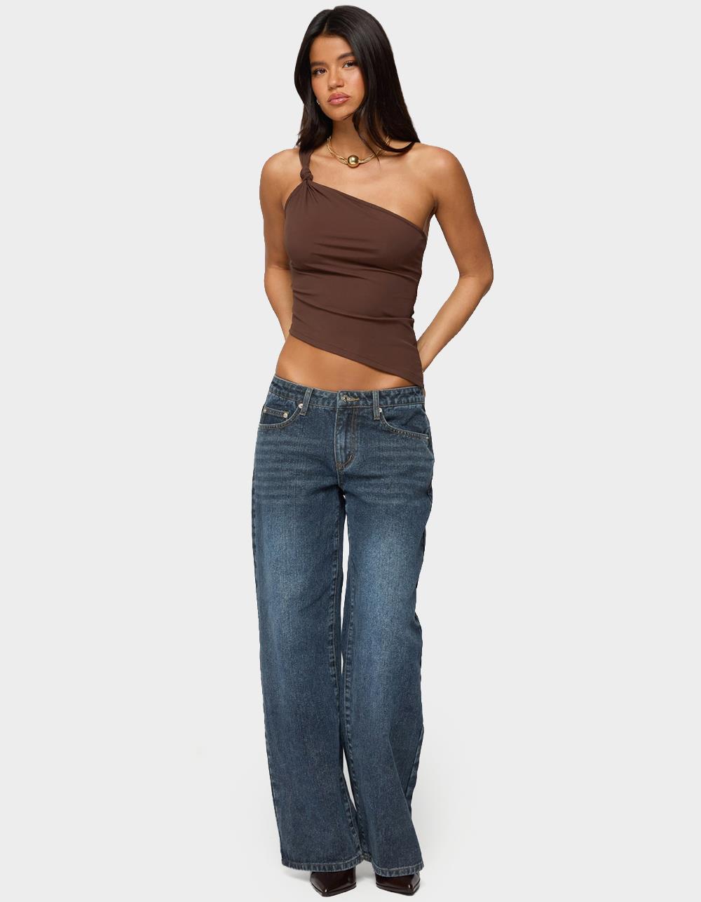 EDIKTED Knotted One Shoulder Asymmetric Top - DARK BROWN