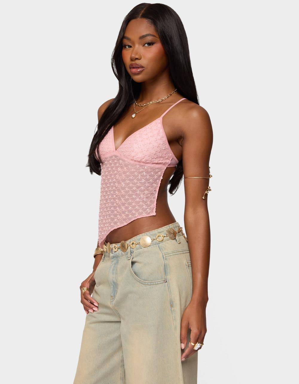 EDIKTED Beaded Mesh Asymmetric Backless Top - LIGHT PINK
