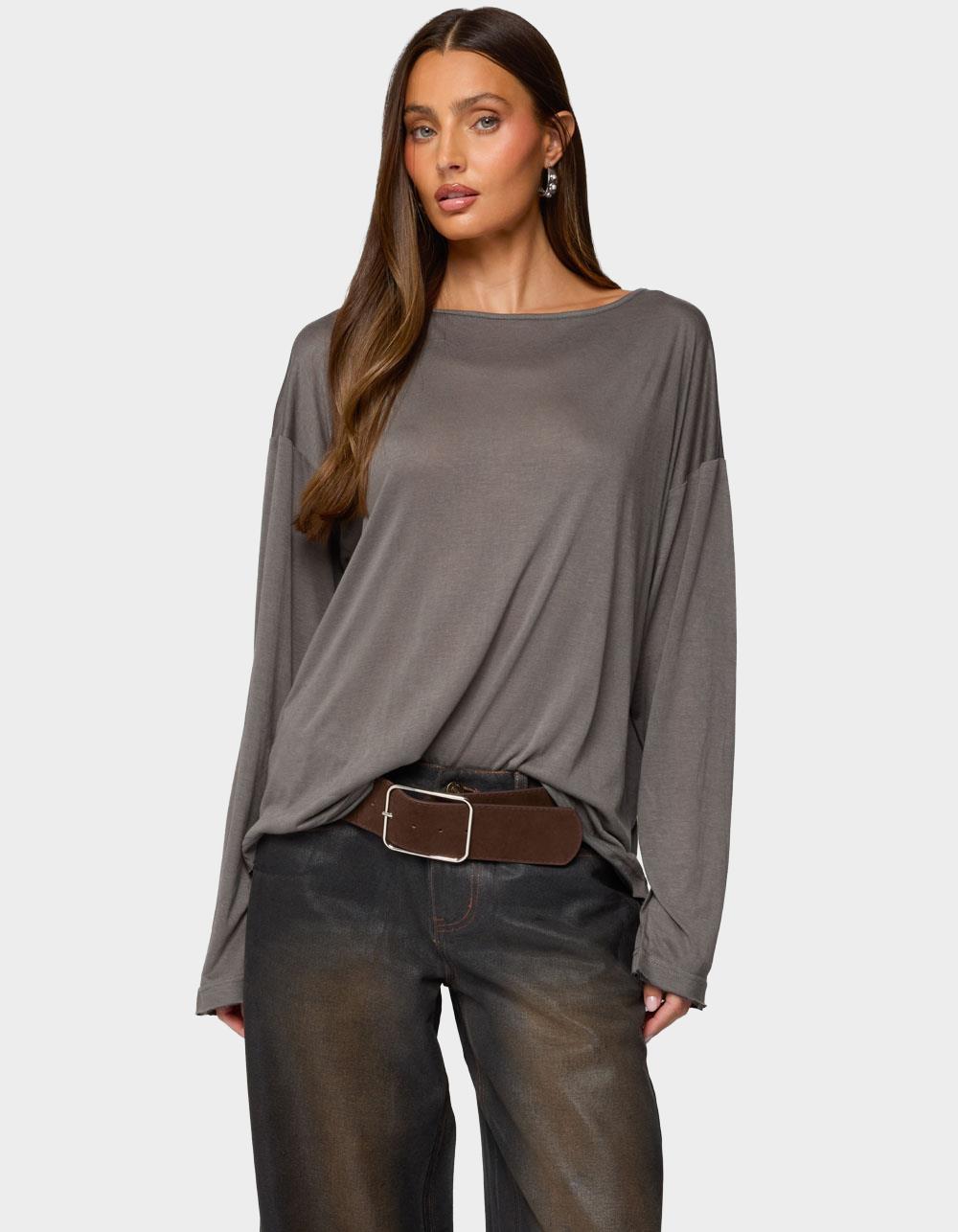 EDIKTED Oversized Semi Sheer Long Sleeve Tee - GRAY