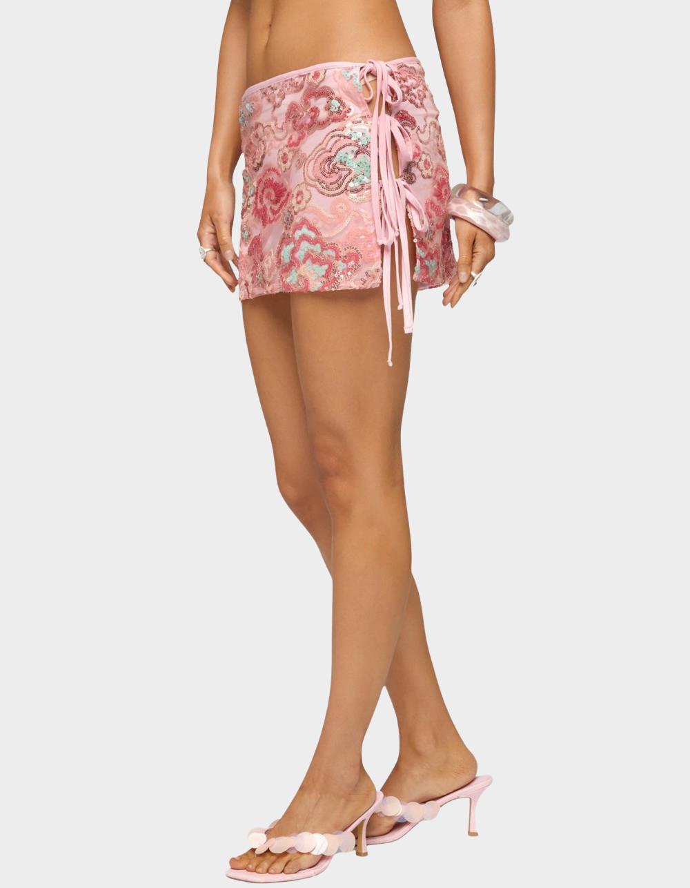 EDIKTED Bead & Sequin Side Tie Mini Skirt - PINK