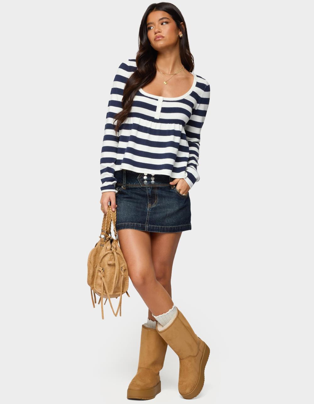 EDIKTED Lockie Striped Knit Babydoll Top - NAVY