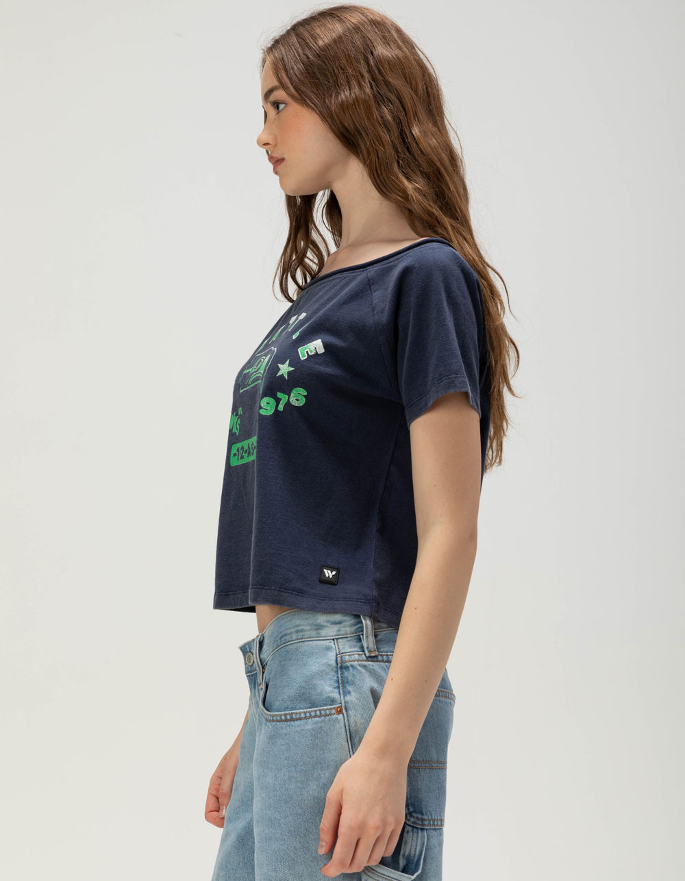 The WILD COLLECTIVE Seattle Seahawks Womens Off Shoulder Tee - BLUE