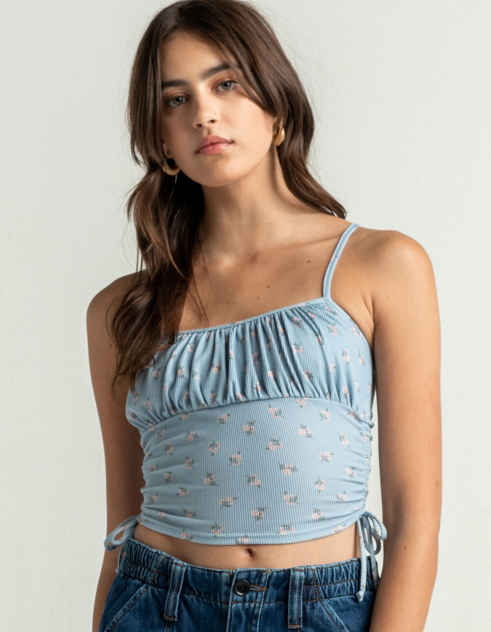 SKY AND SPARROW Ditsy Cinch Side Rouche Cami - LIGHT BLUE | Tillys
