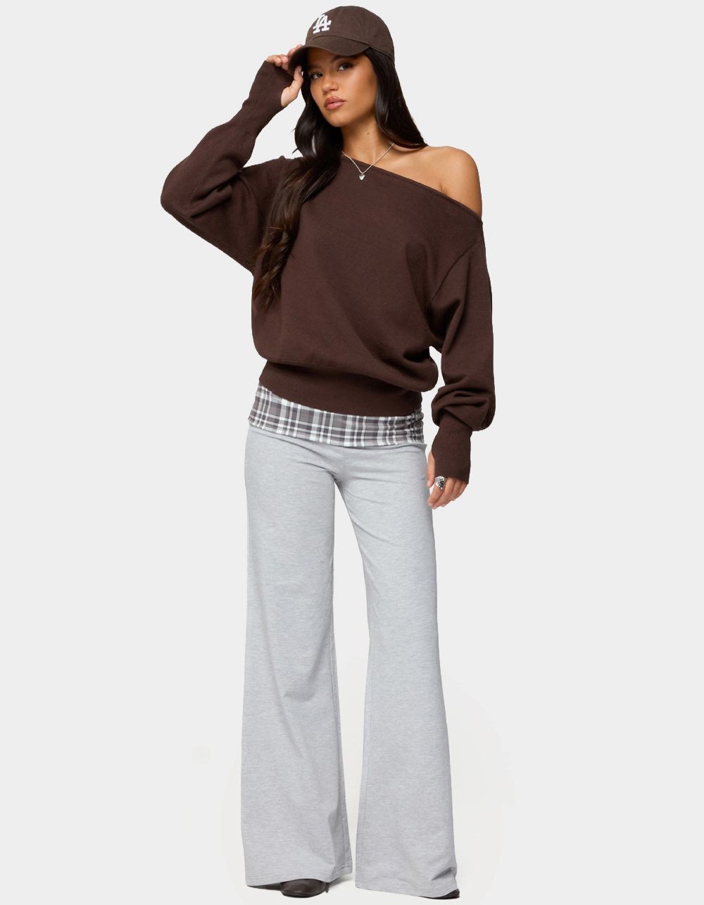 EDIKTED Kimmy Plaid Foldover Waist Pants - GRAY