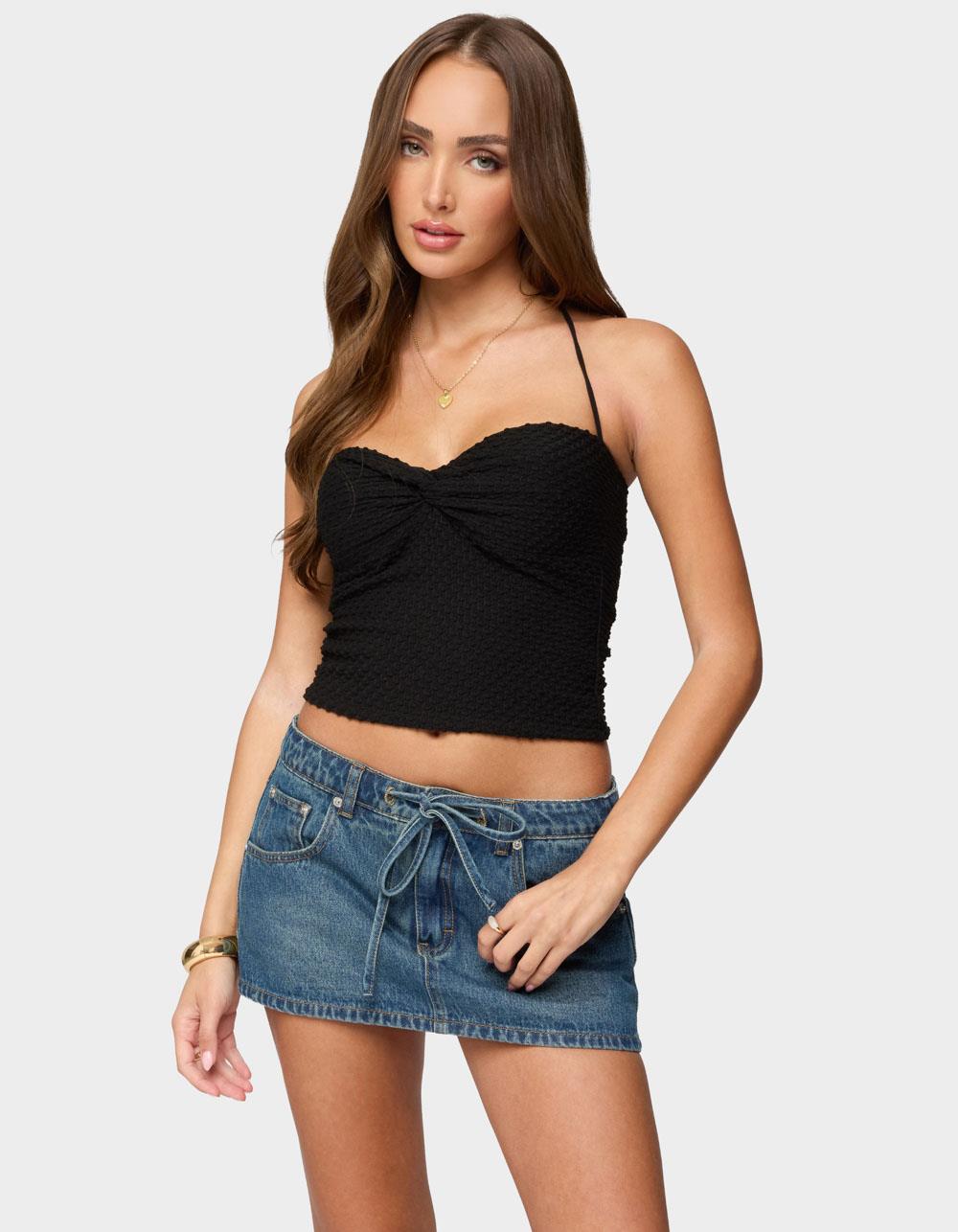 EDIKTED Zoee Twisted Textured Halter Top - BLACK