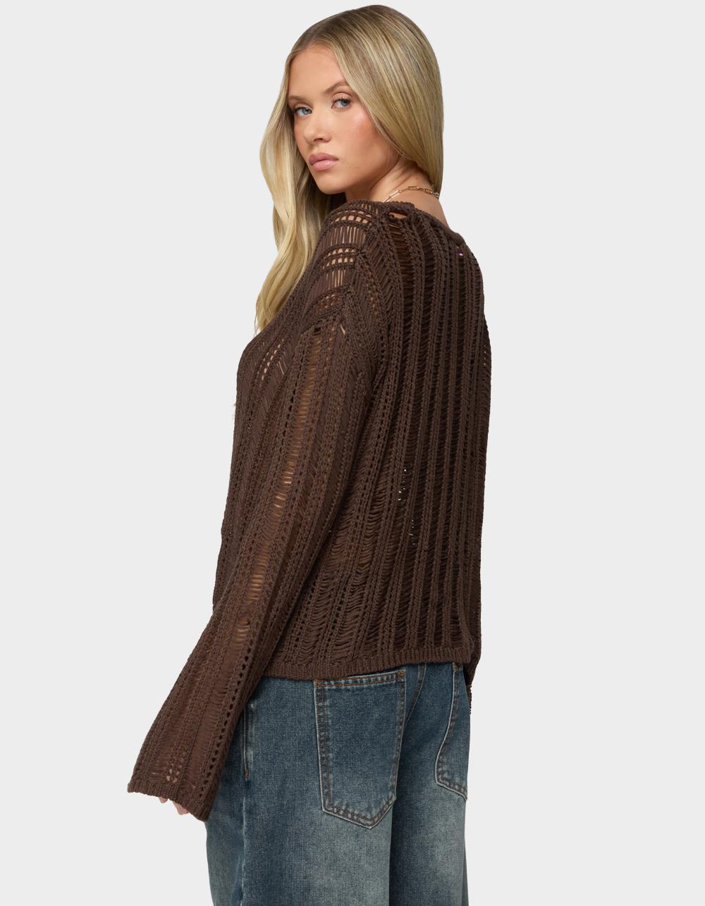 EDIKTED Jaide Sheer Ladder Knit Sweater - BROWN