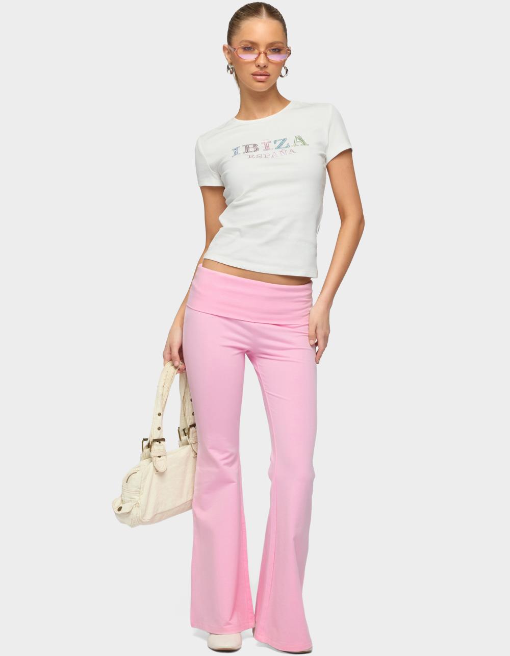 EDIKTED Petite Naomi Foldover Flared Leggings - LIGHT PINK