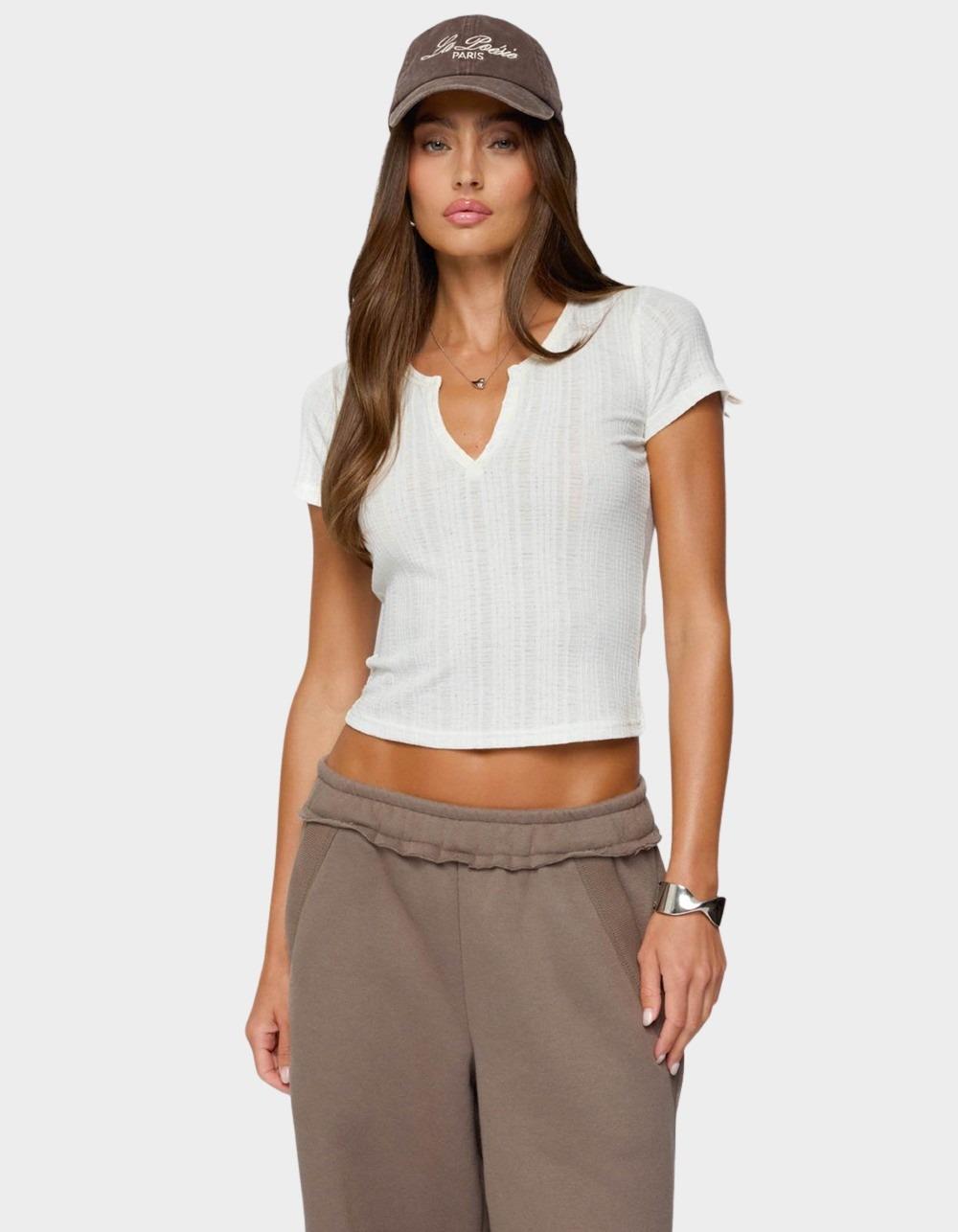 EDIKTED Semi Sheer Ribbed V-Neck Tee - WHITE