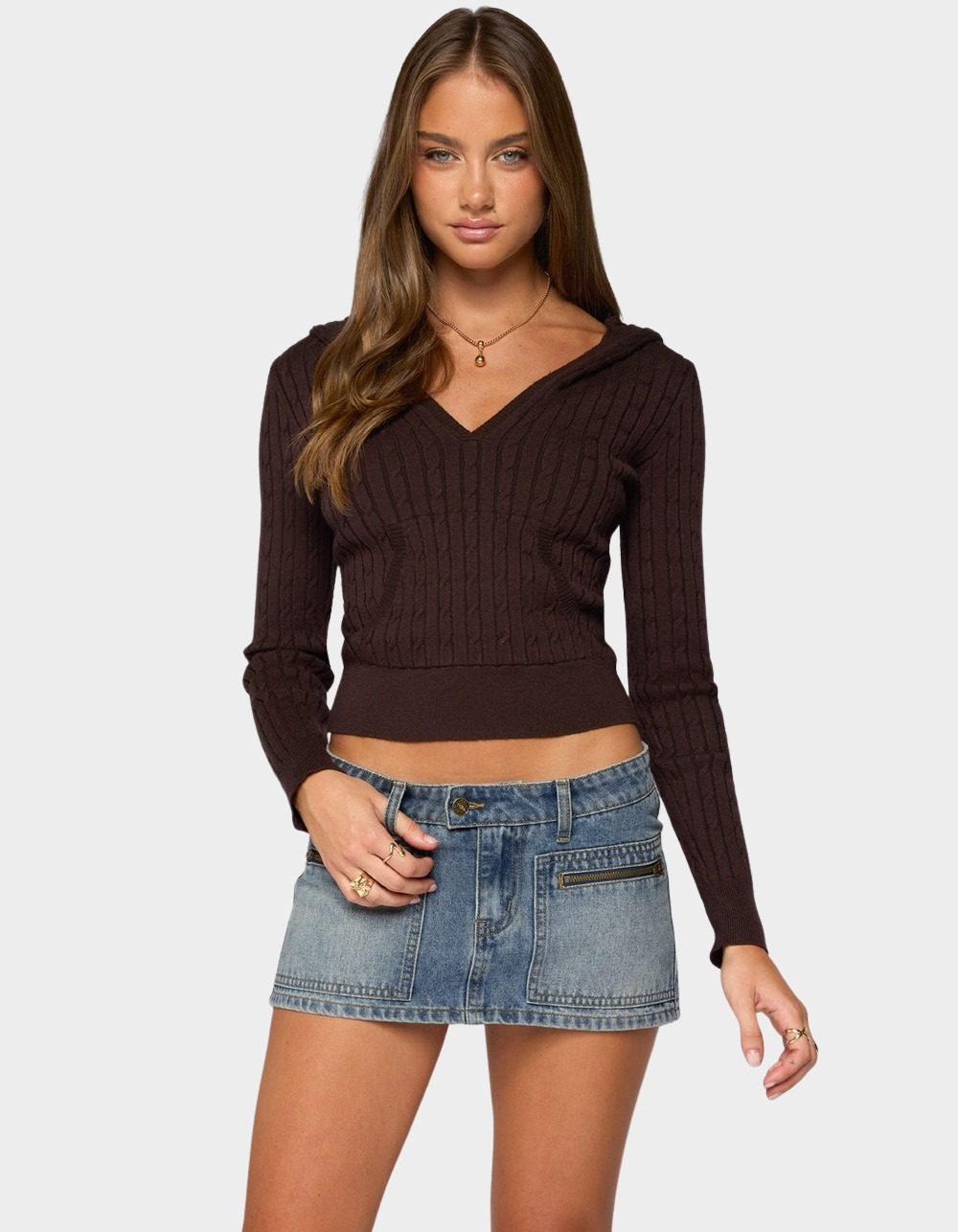 EDIKTED Kimani Cable Knit Hooded Sweater - BROWN