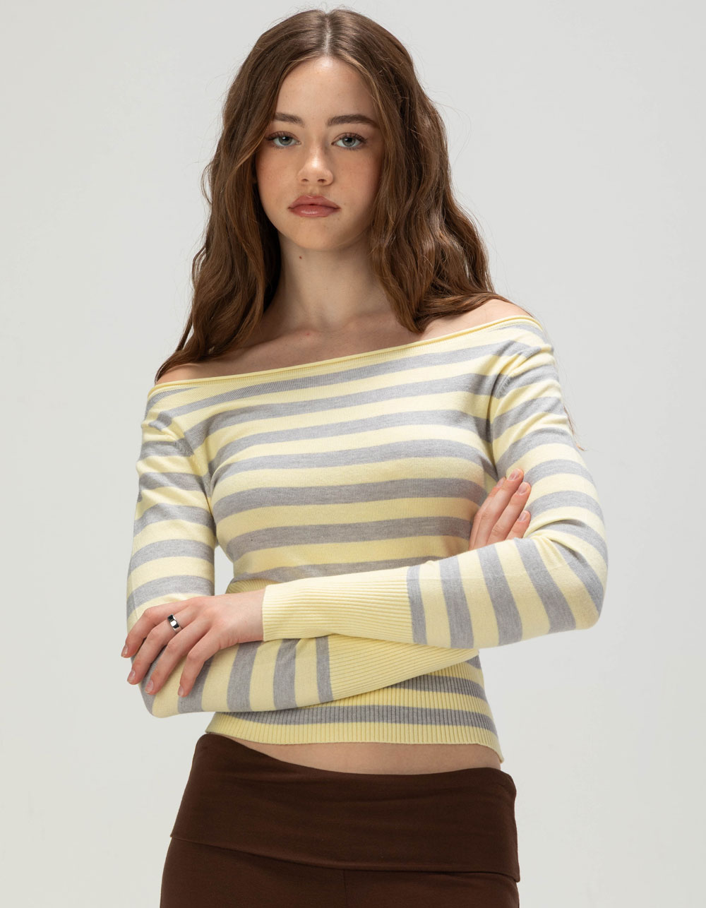 RSQ Womens Off The Shoulder Stripe Sweater - YELLOW COMBO