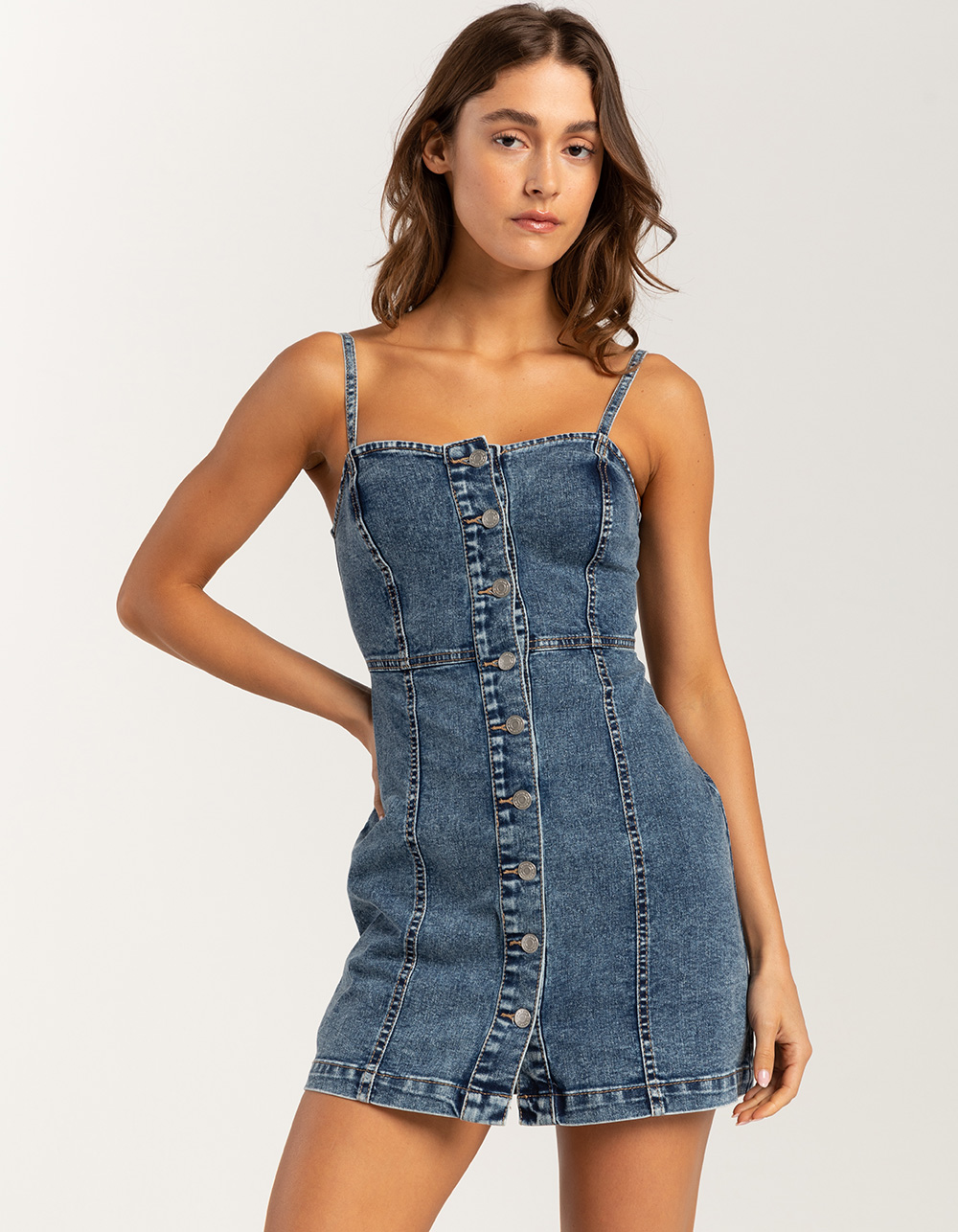RSQ Womens Button Front Denim Dress - MEDIUM WASH