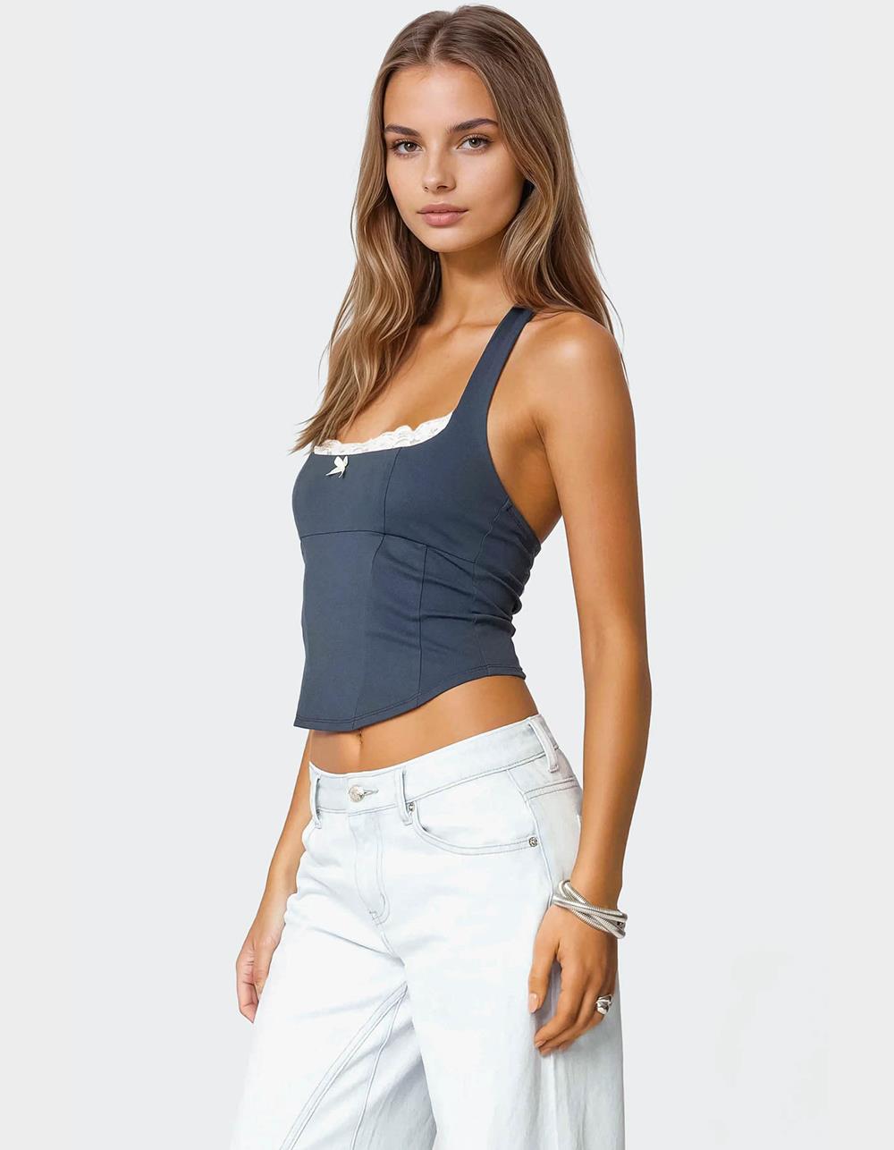 EDIKTED Peekaboo Lace Halter Bustier Top - NAVY