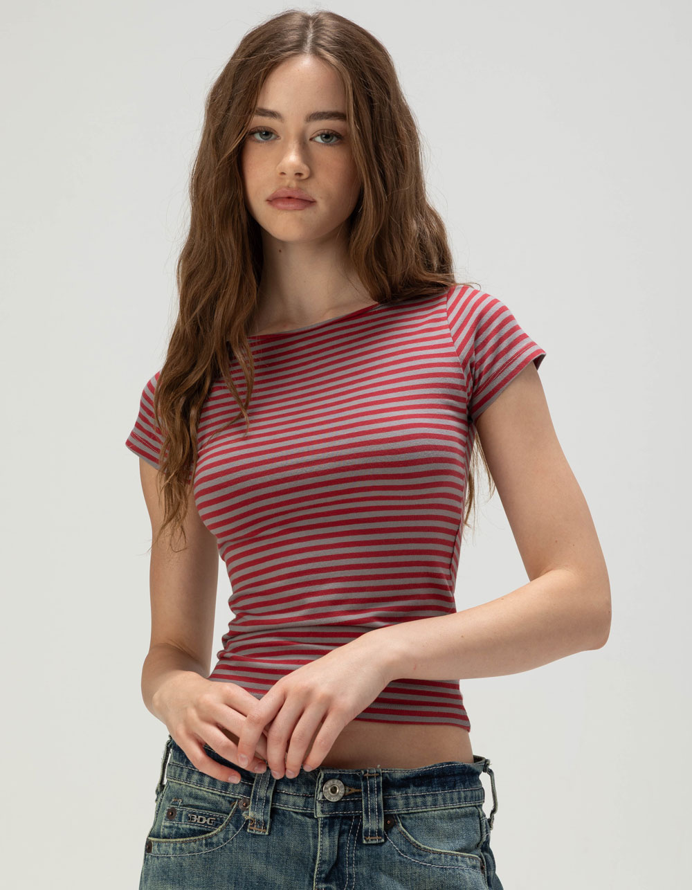 BDG Urban Outfitters Womens Stripe Boat Neck Tee - RED COMBO