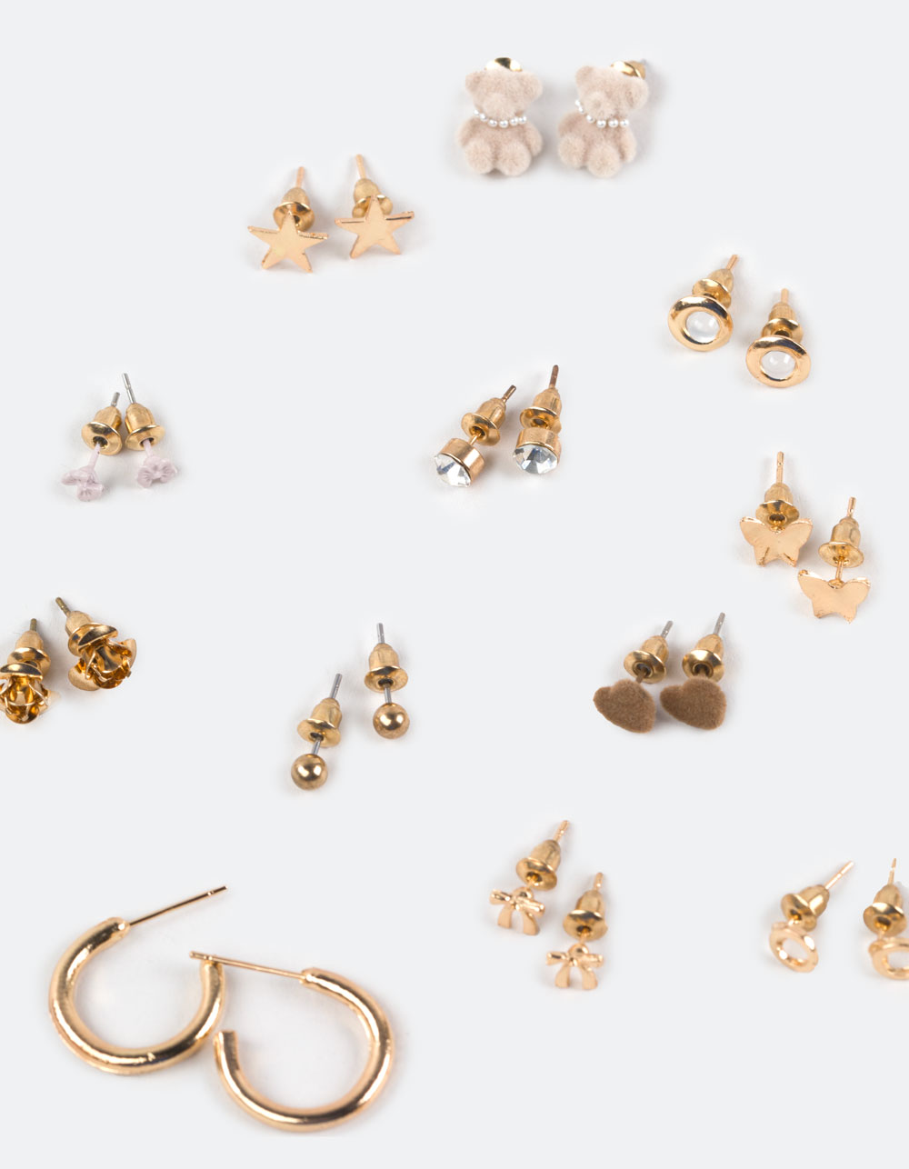 FULL TILT 20 Pack Teddy/Bow/Hoop Earrings - GOLD