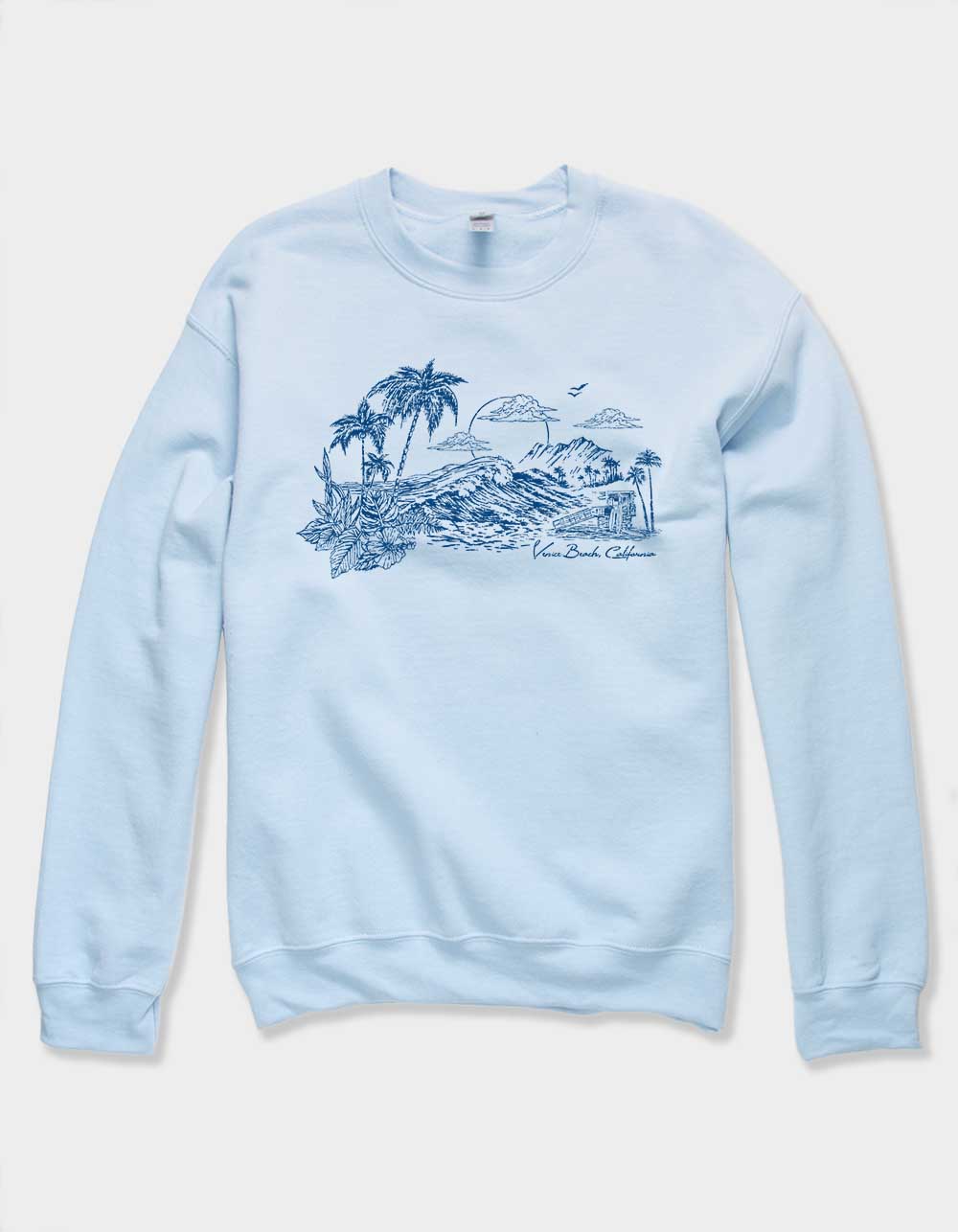 VENICE BEACH Sunset Distressed Unisex Crewneck Sweatshirt - LIGHT BLUE
