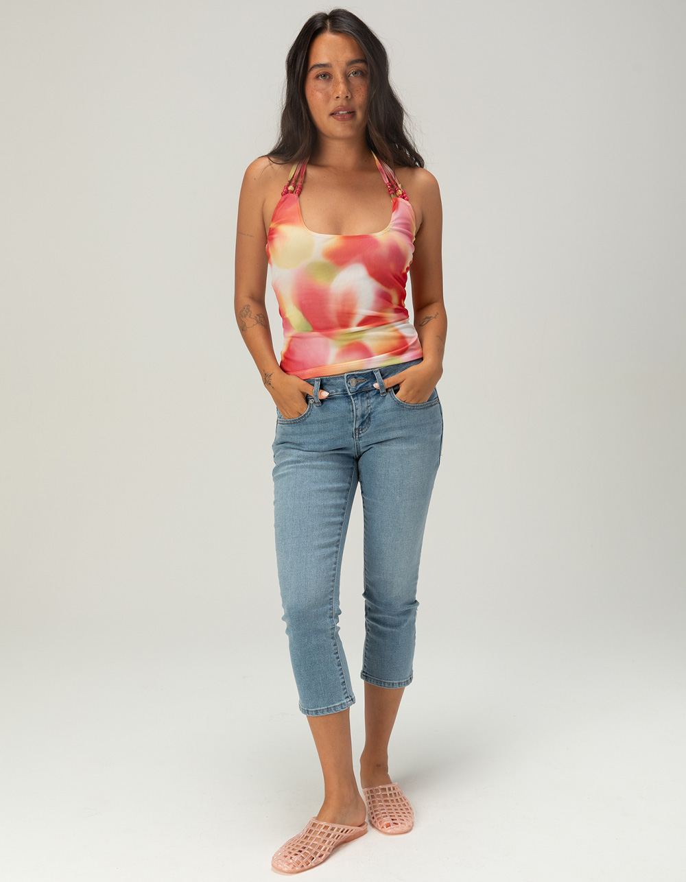 FULL TILT Womens Beaded Mesh Halter Top - PINK COMBO