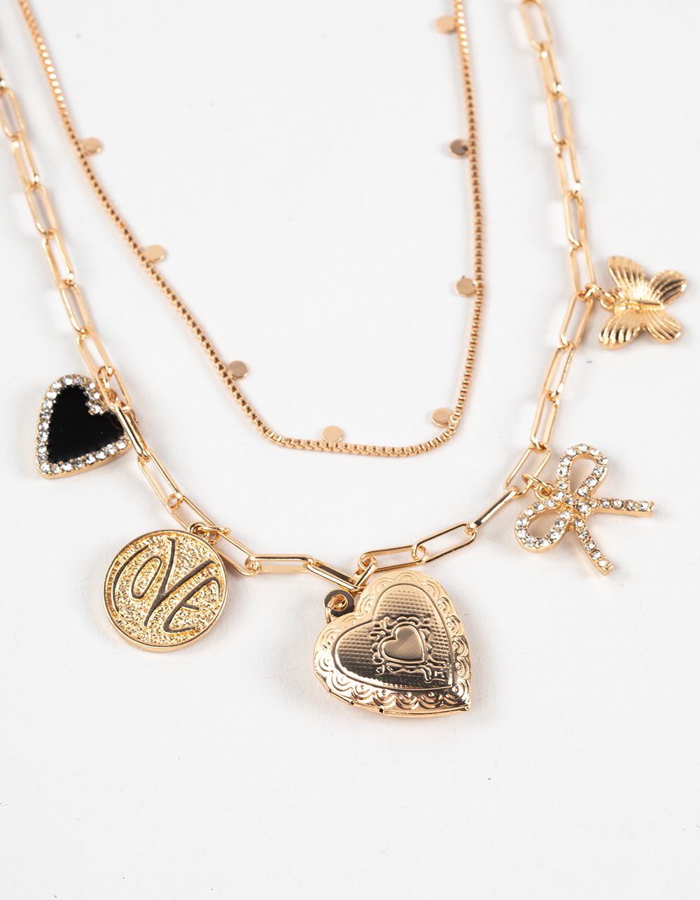 FULL TILT 2 Row Thin Box Chain/Rhinestone Heart Necklace - GOLD