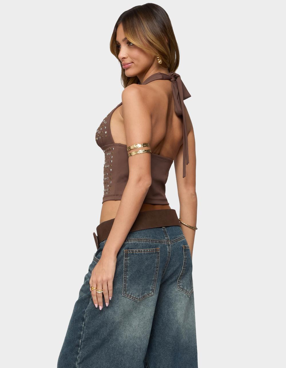 EDIKTED Jackie Stud & Grommet Halter Top - BROWN