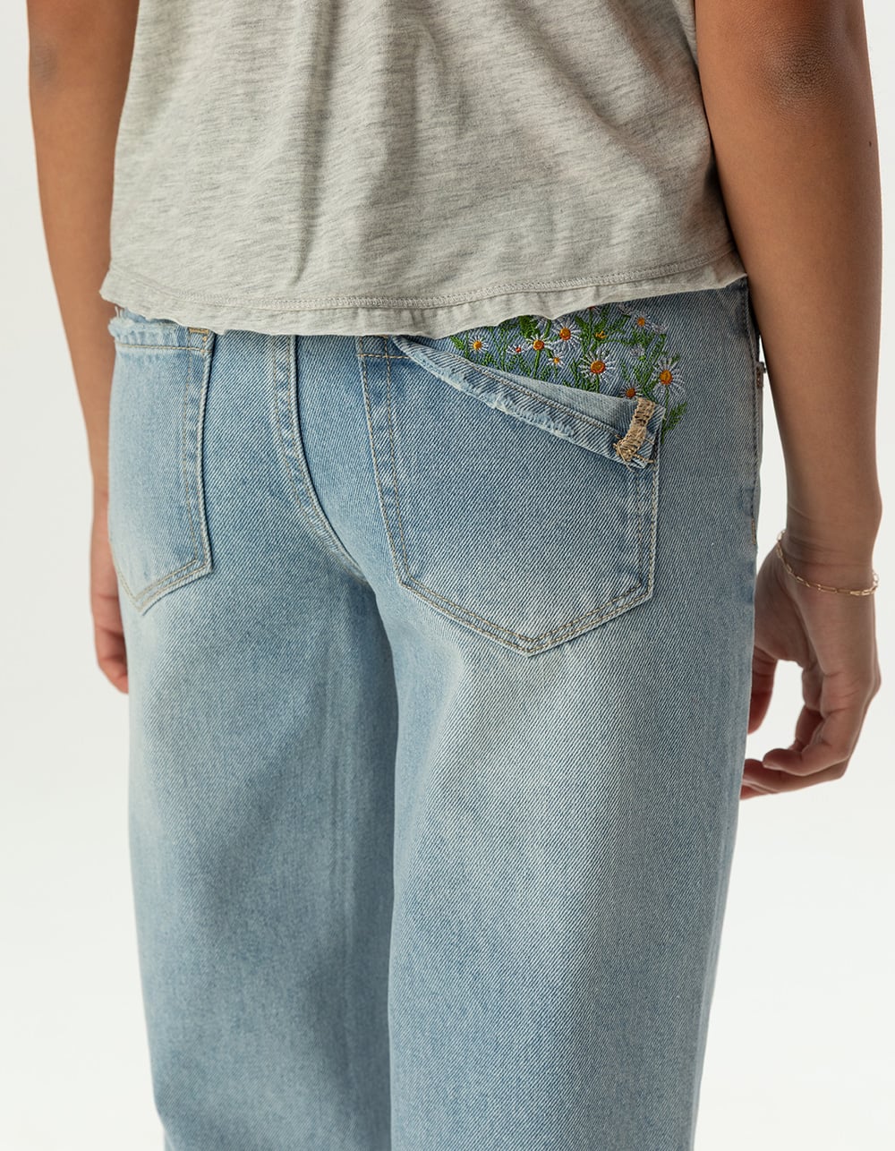 RSQ Girls Low Rise Floral Embroidered Wide Leg Jeans - LIGHT WASH