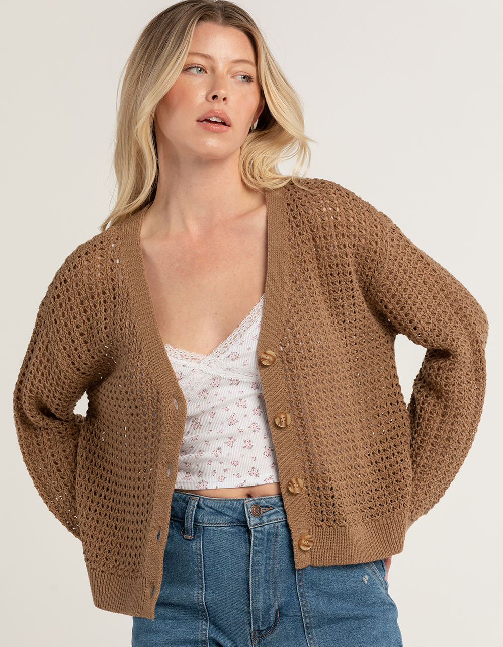 RSQ Womens Open Weave Cardigan BROWN Tillys