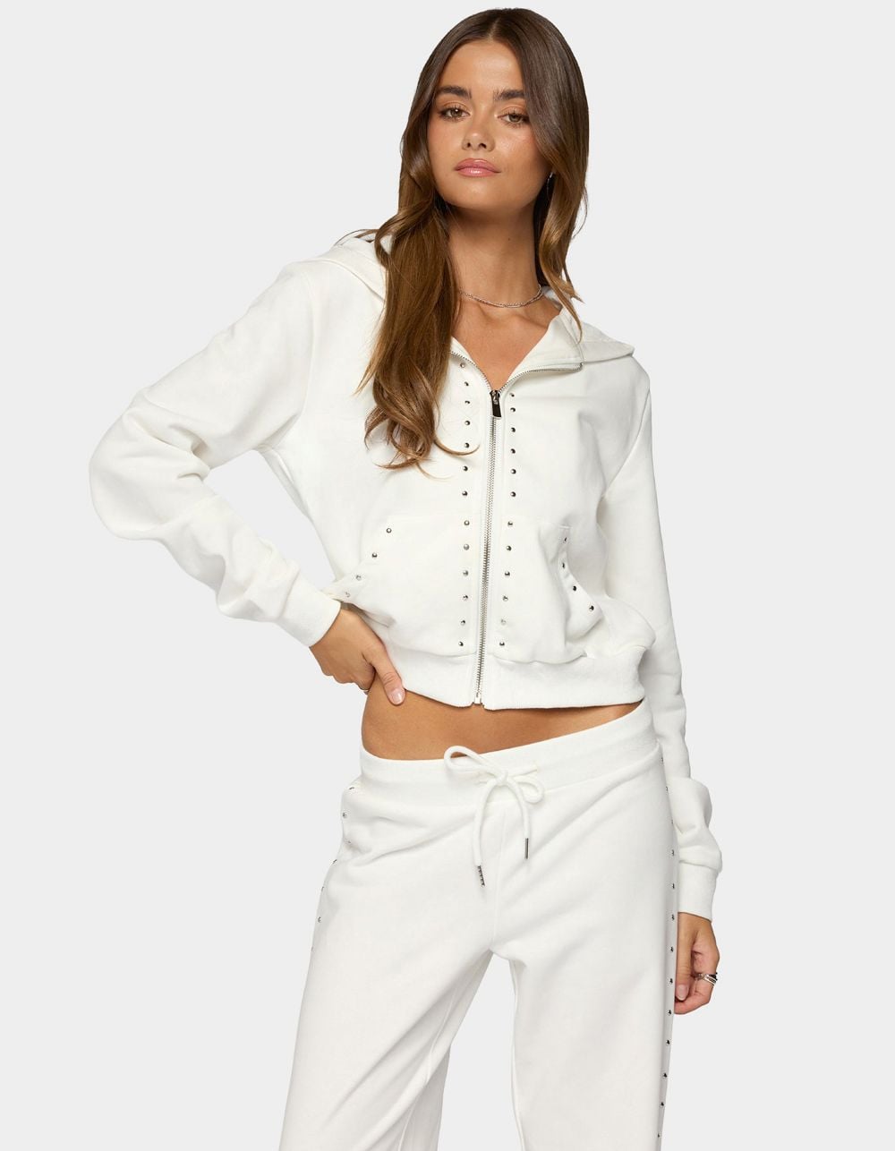 EDIKTED Enid Studded Zip Up Hoodie - WHITE
