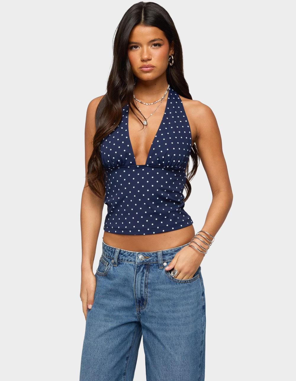 EDIKTED Blaire Polka Dot Halter Top - NAVY