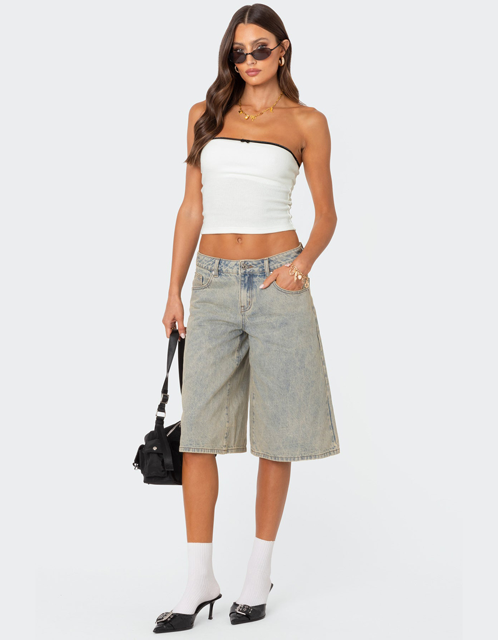 EDIKTED Xtra Long Acid Wash Denim Bermuda Shorts - BLUE