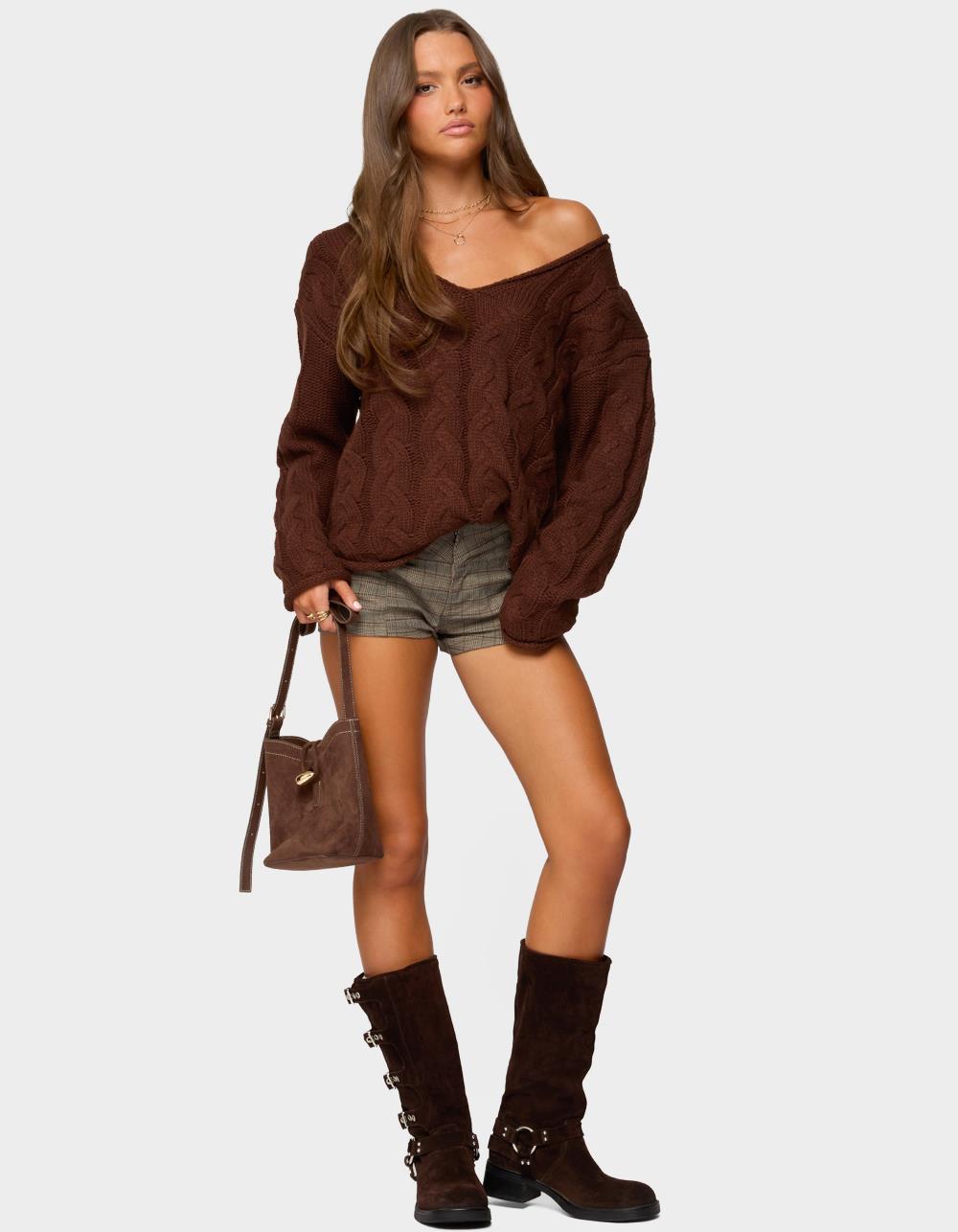 EDIKTED Ayvey Plaid Tailored Micro Shorts - BROWN