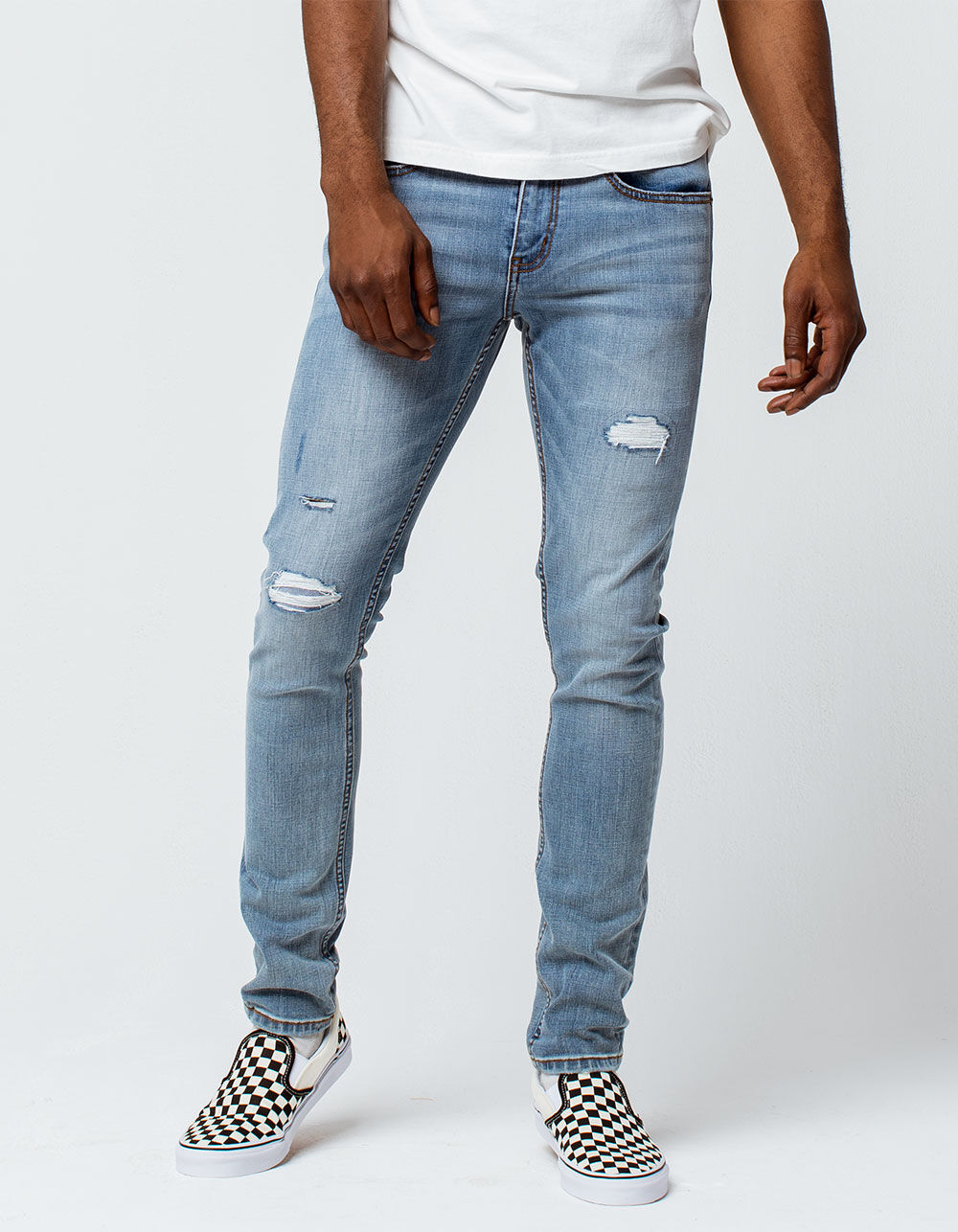 RSQ Tokyo Super Skinny Mens Ripped Stretch Jeans - LIGHT INDIGO