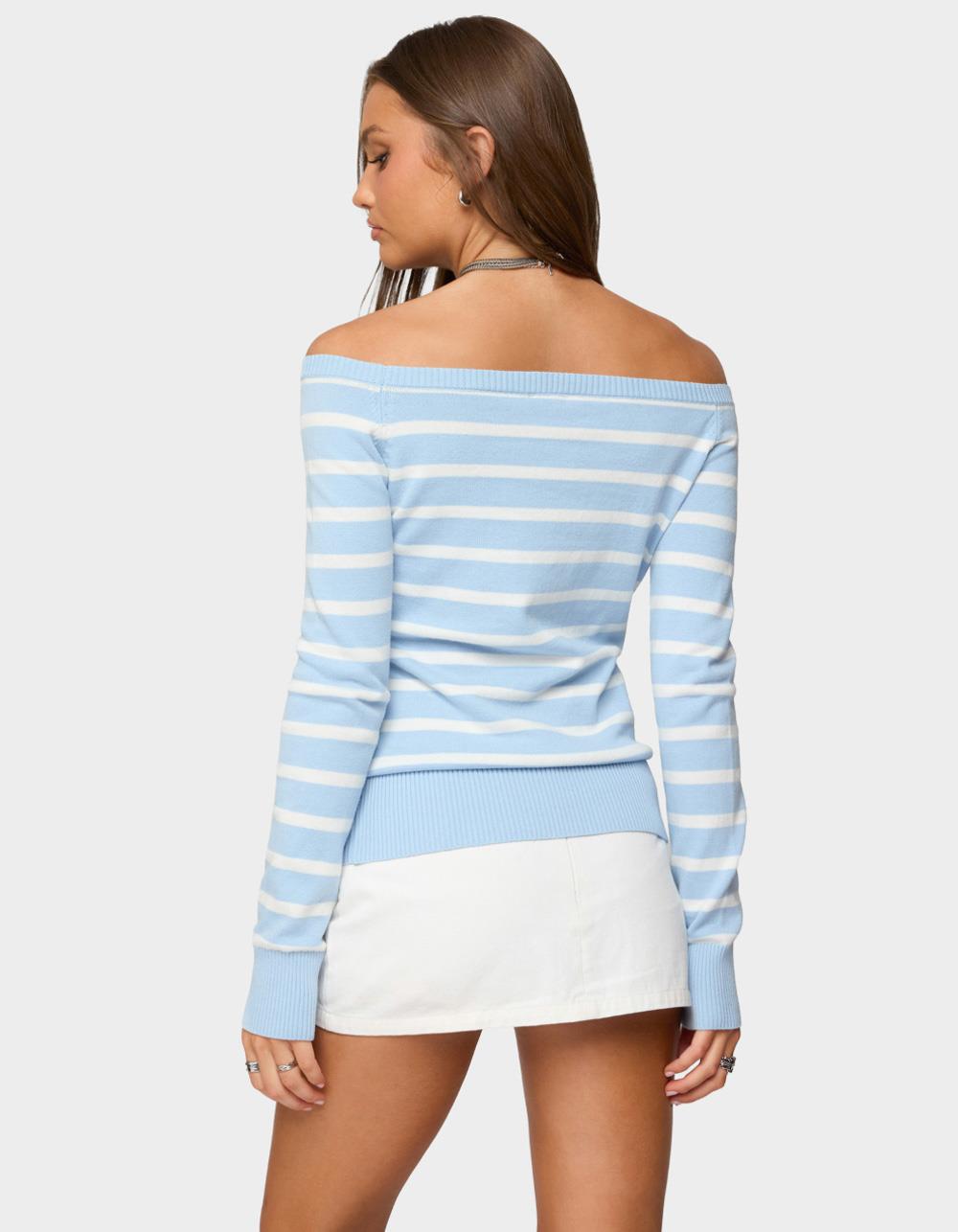 EDIKTED Lori Striped Off Shoulder Sweater - LIGHT BLUE