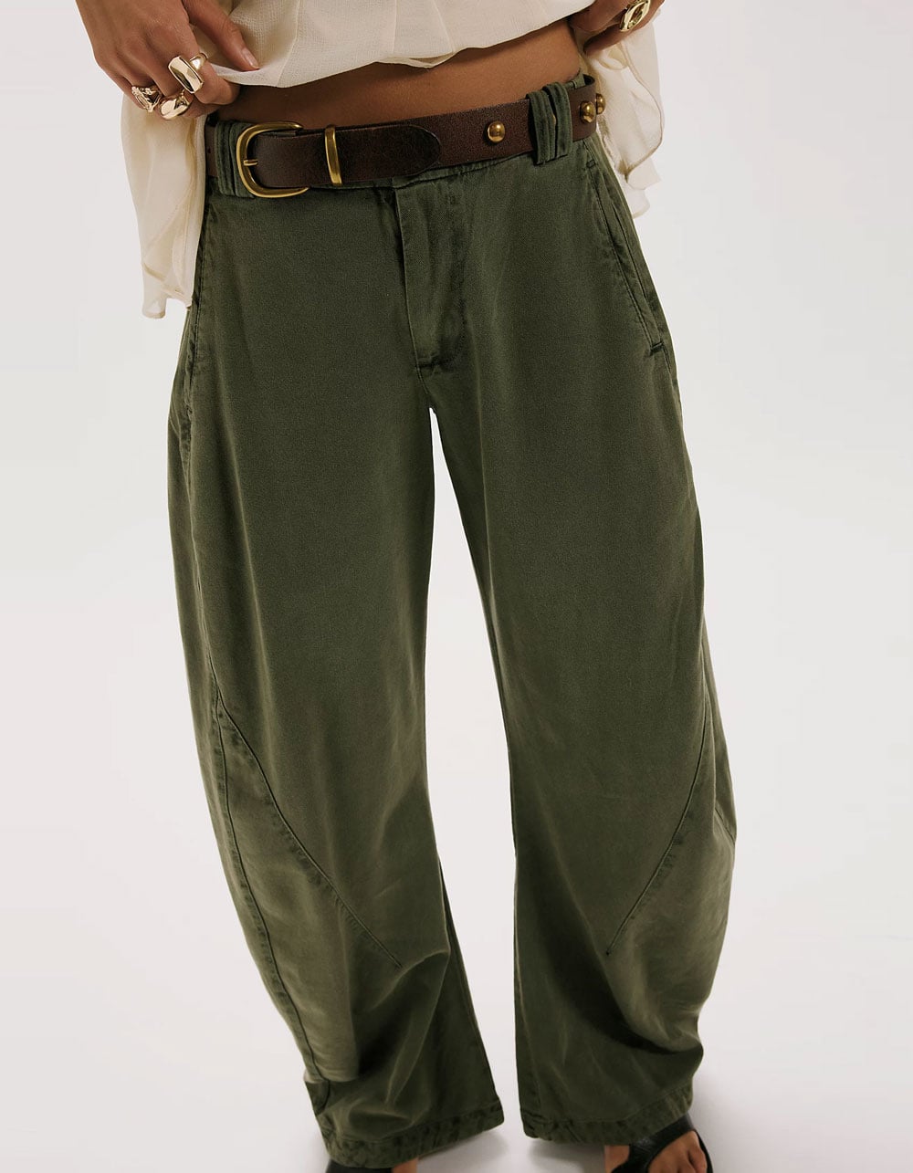 FREE PEOPLE Spotlight Womens Washed Barrel Chino Trousers - OLIVE