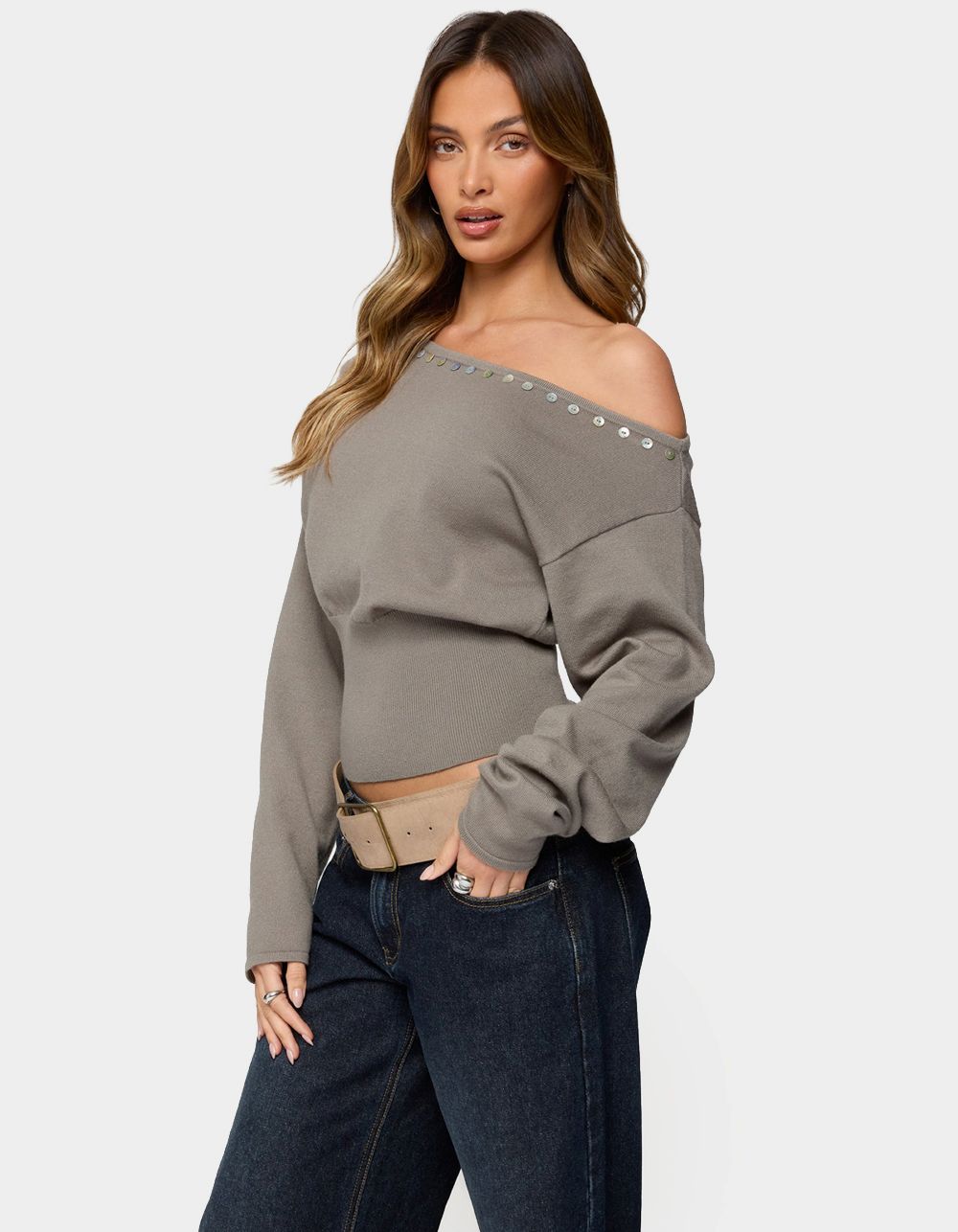 EDIKTED Carmela Iridescent Button Off Shoulder Sweater - DK GREEN