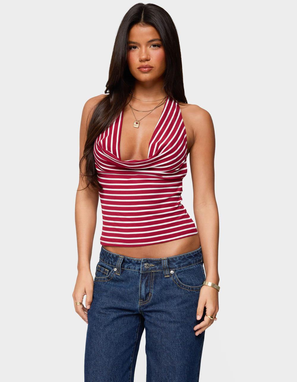 EDIKTED Striped Cowl Neck Halter Top - RED