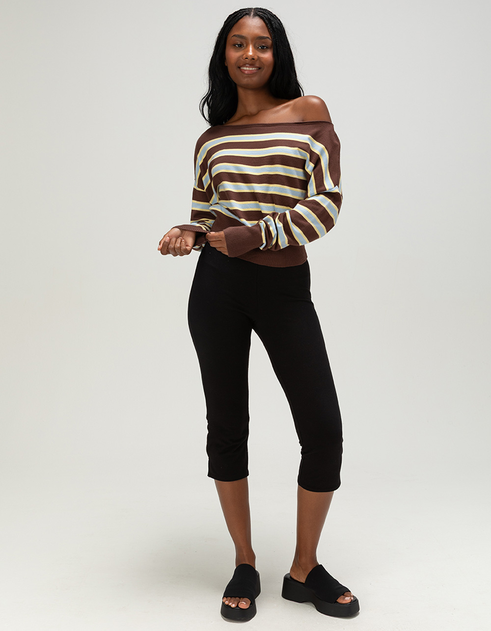 RSQ Womens Off The Shoulder Stripe Banded Bottom Sweater - BROWN COMBO