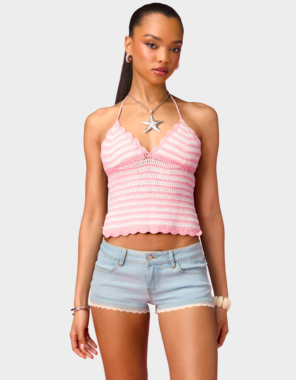 EDIKTED Barbie™ Backless Striped Crochet Halter Top - PINK