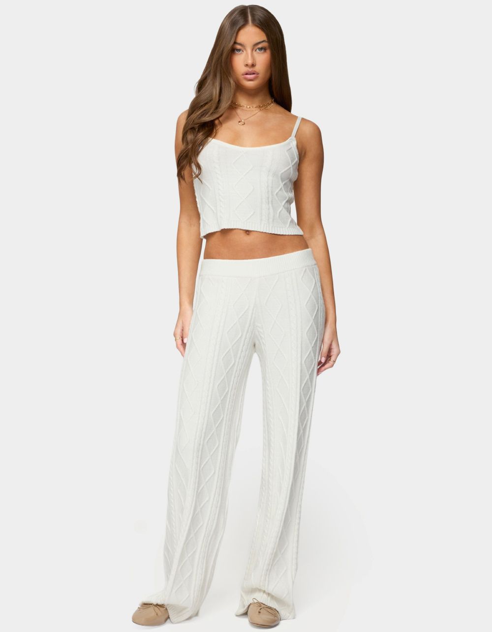 EDIKTED Louise Straight Leg Cable Knit Pants - WHITE
