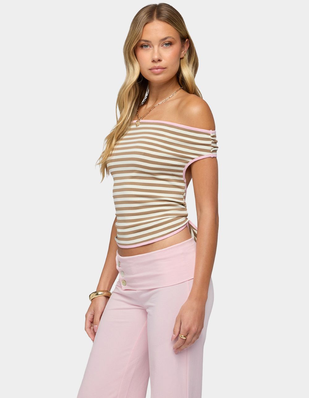 EDIKTED Zory Striped Backless Off Shoulder Top - BROWN