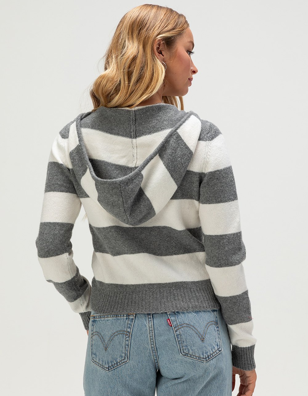 PINK ROSE Womens Stripe Zip-Up Hooded Sweater - GRAY/WHITE