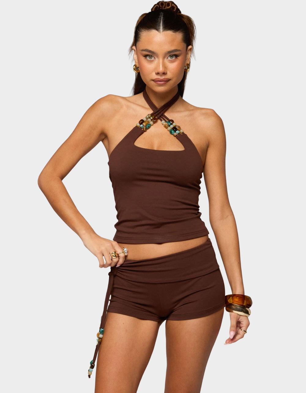 EDIKTED Thia Bead Halter Top - DARK BROWN