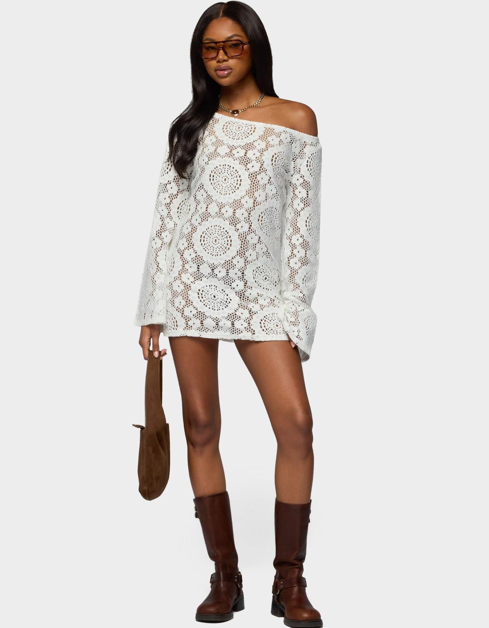 EDIKTED Off Shoulder Sheer Lace Mini Dress - WHITE