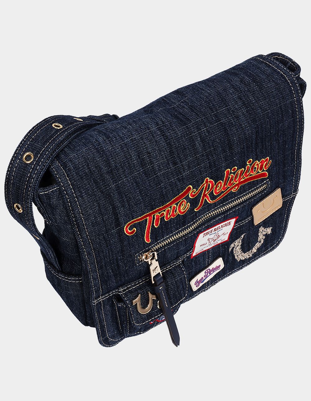 TRUE RELIGION Multi Patch Denim Messenger Bag - DK DENIM