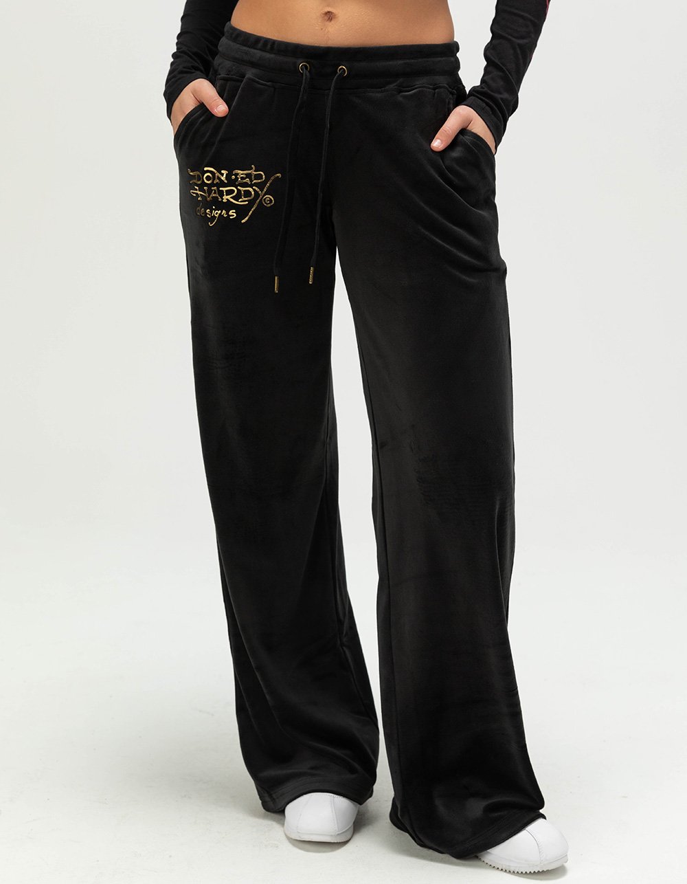 ED HARDY Amor Butterfly Womens Velour Sweatpants - BLACK