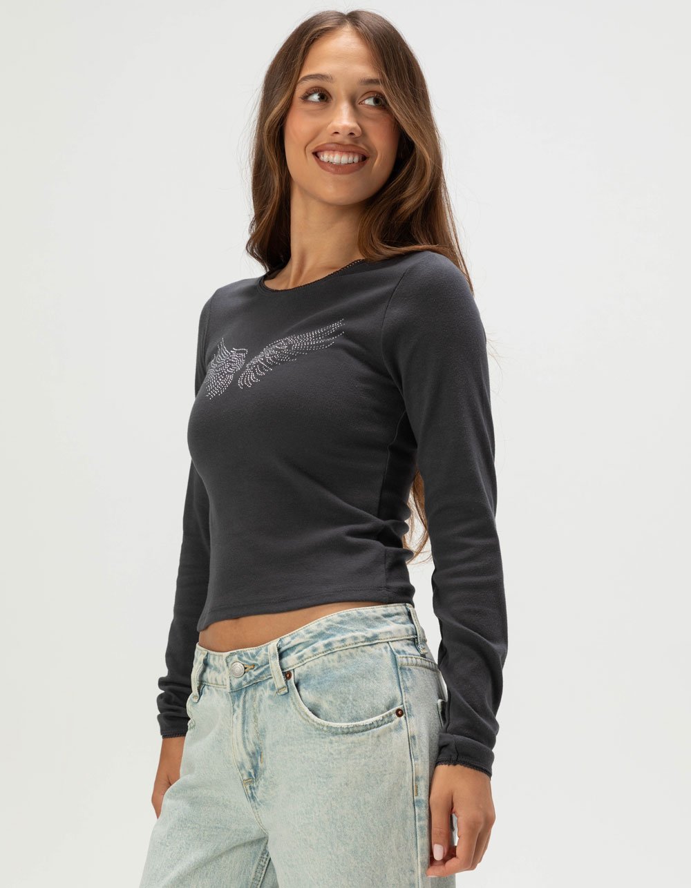 FULL TILT Rhinestone Wing Womens Long Sleeve Top - WASHED BLACK