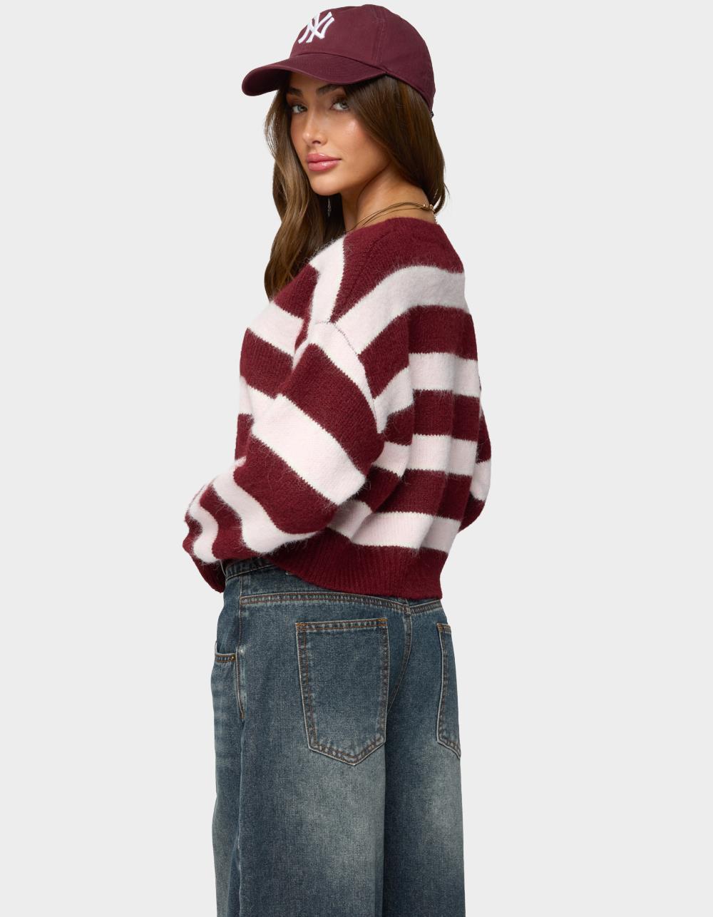 EDIKTED Kaz Striped Knit V-Neck Cardigan - DK RED