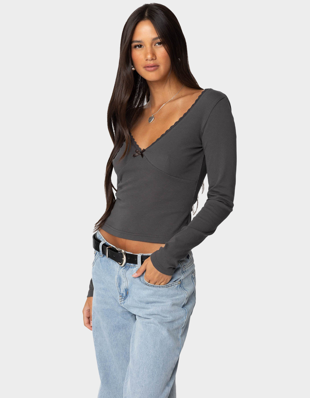 EDIKTED Adrienne Lace Trim Top - GRAY