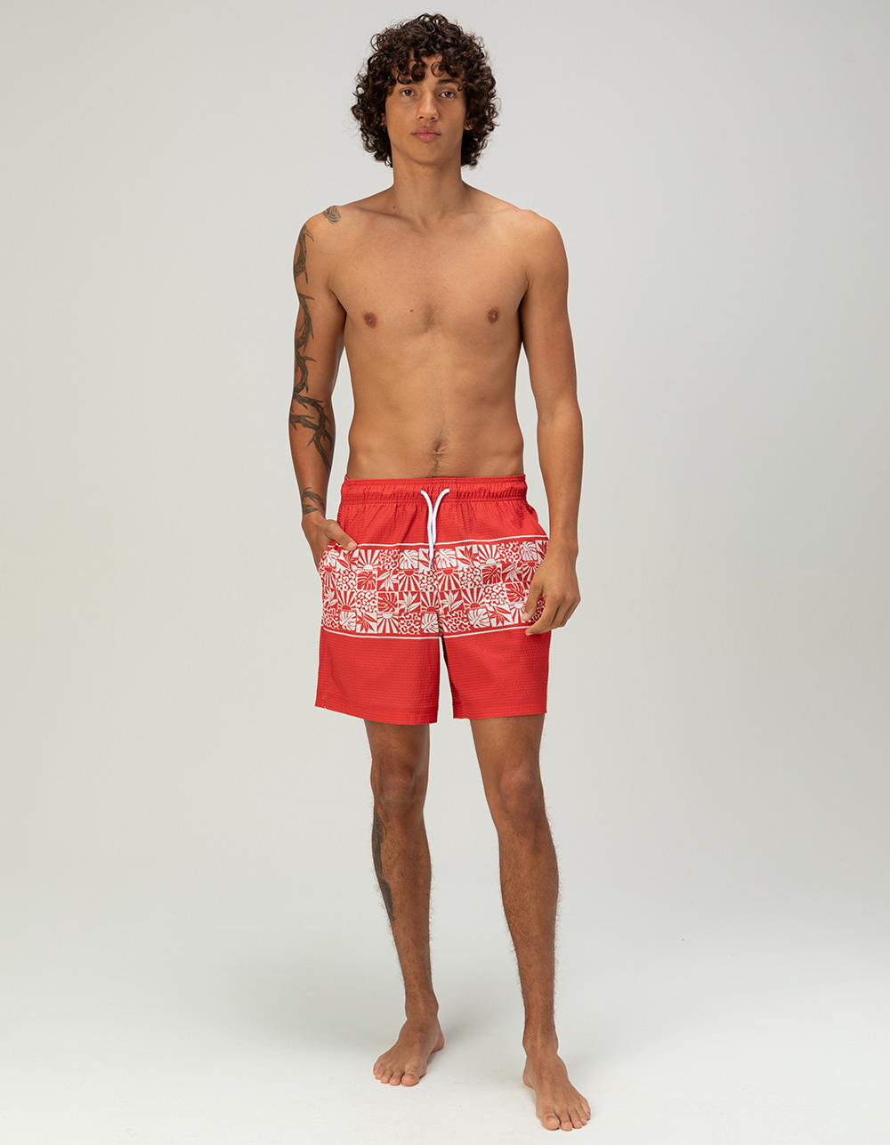 RSQ Mens Seersucker 6.5" Swim Trunks - CRANBERRY