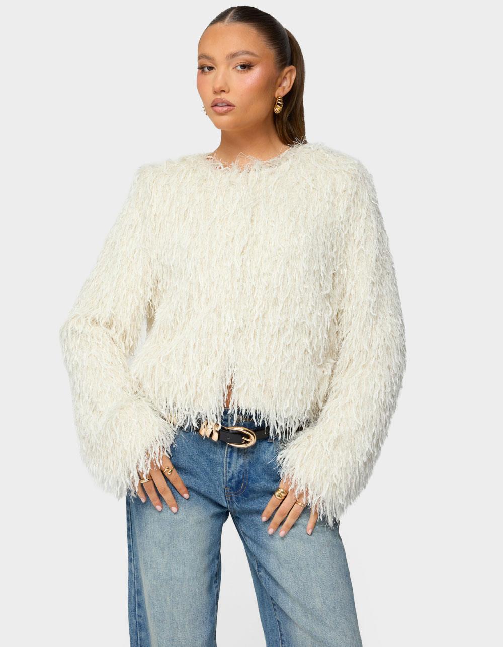 EDIKTED Aleandra Fringed Faux Feather Jacket - BEIGE